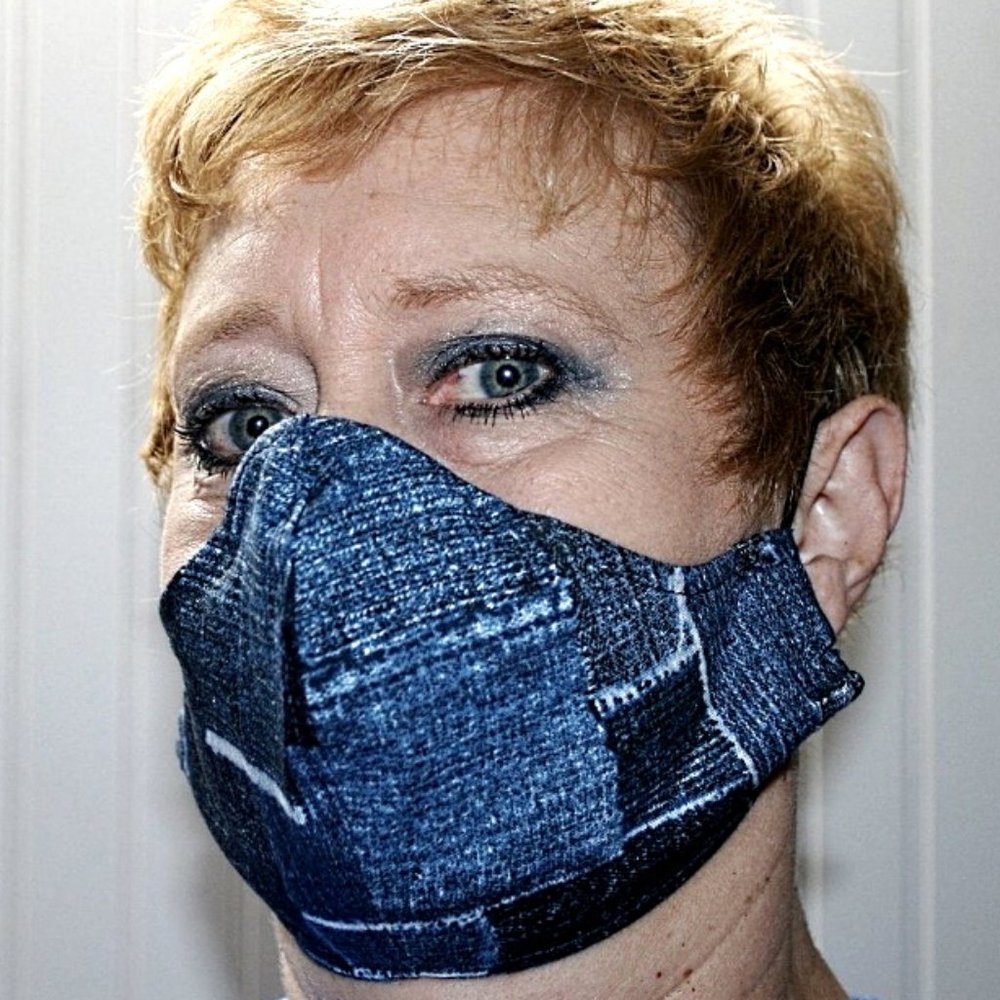 HAND CRAFTED Face Mask Denim Patchwork Adult Cloth Fabric Print - Shield Style
